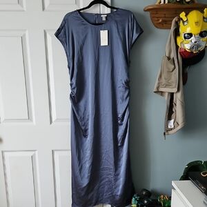 a new day Slate Blue Satin Maxi Dress, Cinched Waist, Slit